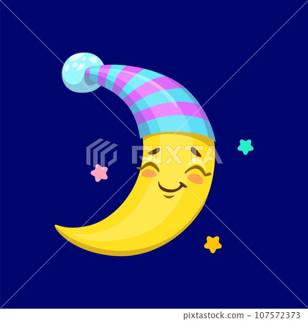 Cartoon cute crescent weather character. Vector funny moon sleep among stars. Adorable personage wearing nightcap hang in night sky with sparkling twinkles around. Whimsical relaxed celestial object 107572373