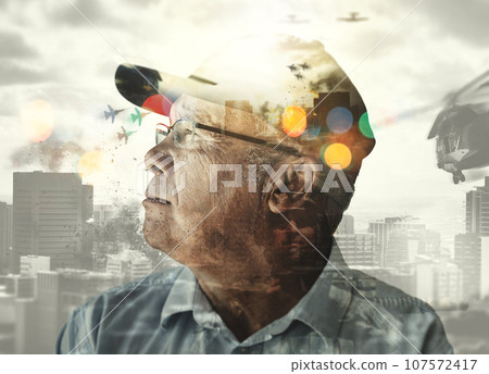 Overlay, bokeh and army man with thinking in city, explosion and warzone for world domination. Military, fighter aircraft and soldier at missile launch with nucleur weapon and battlefield in action Overlay, bokeh and army man with thinking in city, explosion and warzone for world domination. Military, fighter aircraft and soldier at missile launch with nucleur weapon and battlefield in action 107572417