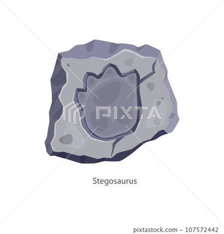 Ancient stegosaurus dinosaur footprint, archaeology fossil. Isolated vector dino animal paw print in stone piece. Reptile foot trail impression. Cartoon jurassic era archaeology and paleontology finds Ancient stegosaurus dinosaur footprint, archaeology fossil. Isolated vector dino animal paw print in stone piece. Reptile foot trail impression. Cartoon jurassic era archaeology and paleontology finds 107572442