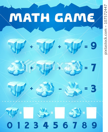 Math game worksheet ice crystals and shards. Vector mathematics riddle for children education and learning arithmetic equations. Calculation skills development puzzle page with ice floes and blocks 107572447
