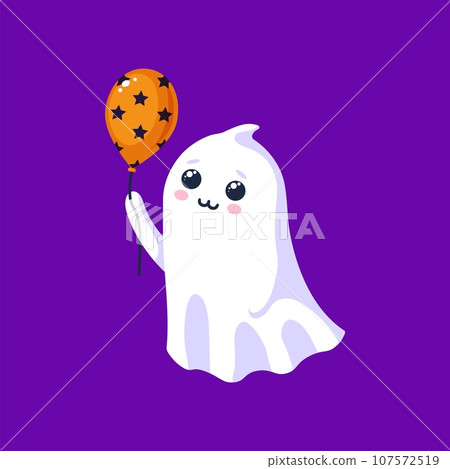 Halloween kawaii ghost character hold colorful balloon. Cartoon cute vector spook personage radiating charm and innocence with its playful and endearing presence, celebrating party with adorable smile 107572519