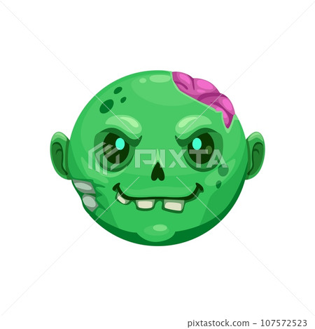 Cartoon Halloween zombie emoji depicts vector greenish, decaying face with vacant glowing eyes, pink brain in cracked head, and rotting flesh, symbolizing the undead, horror, and Hallowmas vibes 107572523