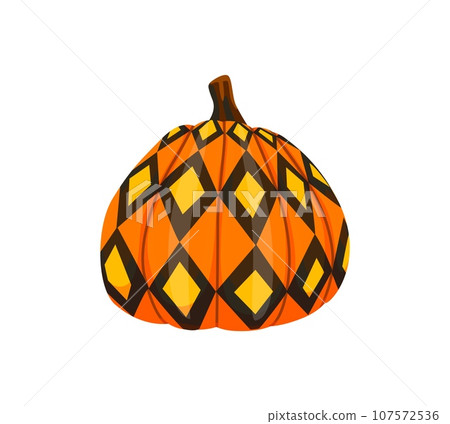 Halloween painted pumpkin with holiday ornament. Isolated vector festive gourd plant showcasing creative design like black and orange rhombus-shaped pattern. Seasonal decor for Hallowmas celebration Halloween painted pumpkin with holiday ornament. Isolated vector festive gourd plant showcasing creative design like black and orange rhombus-shaped pattern. Seasonal decor for Hallowmas celebration 107572536