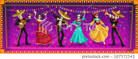 Day of Dead or Dia De Los Muertos Mexican holiday vector characters of Catrina, skeletons and mariachi musicians. Dia de Los Muertos fiesta music band in sombreros with guitars, trumpets and violins 107572543