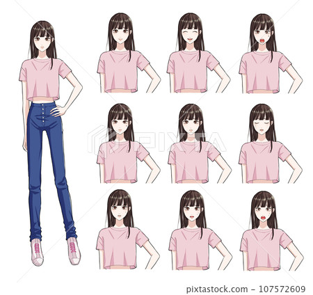 年輕女子的全身插圖（臉部表情差異集） 107572609