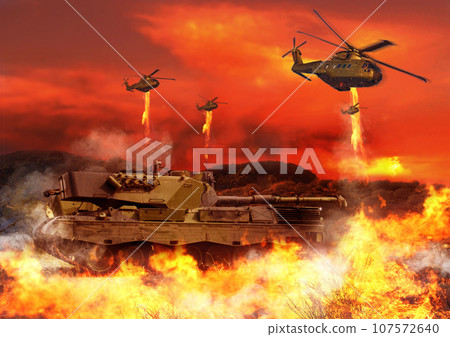Tank, army and helicopter with fire explosion for combat, military and conflict for fight in city. Warrior, apocalypse and airforce with bombs for armed forces, defense and warfare in battlefield 107572640