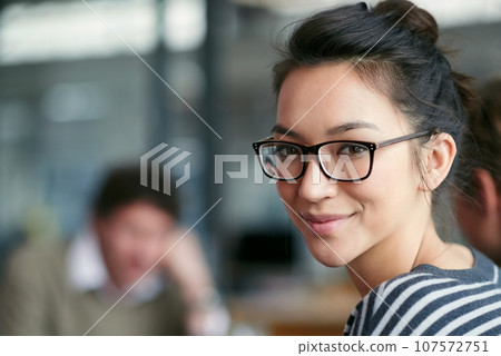 Space, portrait and a woman in a meeting at work for business, workshop or a seminar. Happy, office and a designer in the workplace for creative collaboration, expert teamwork and working together 107572751