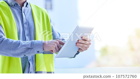 Tablet, architecture and hands of man in city for planning, project management and building. Inspection, engineering and contractor with closeup of person on construction site for digital and mockup Tablet, architecture and hands of man in city for planning, project management and building. Inspection, engineering and contractor with closeup of person on construction site for digital and mockup 107572760