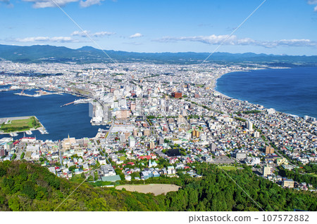 Hakodate City: View from the summit observation deck of Mt. Hakodate Hakodate City: View from the summit observation deck of Mt. Hakodate 107572882