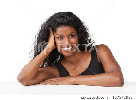 Portrait, beauty and mockup with a model indian woman in studio isolated on a white background for a product or brand. Face, happy and smile with a young female posing to promote product placement 107572955