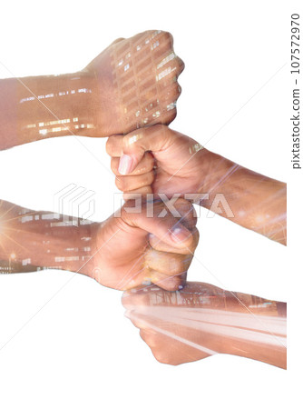 Overlay, hands and collaboration with a team isolated on a white background in studio for solidarity. Fist, city and teamwork with a group of people stacking their fists in partnership or unity 107572970
