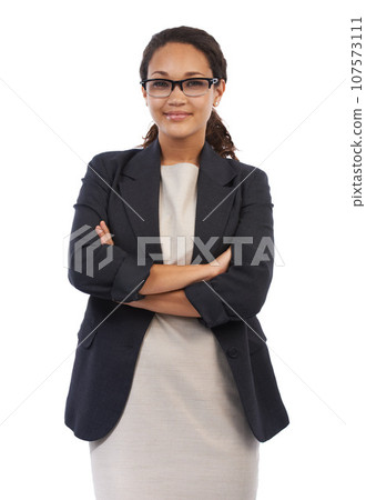 Black woman, studio portrait and arms crossed for business vision, success and suit by white background. Black woman, corporate executive leader and isolated professional with focus for motivation 107573111