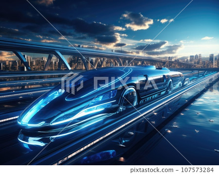 car or vehicle open headlamp parked in futuristic modern concept. Future transportation. Futuristic autonomous car. Driverless autonomous vehicle. Self-driving car technology. AI Generative. 107573284