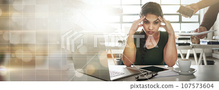 Headache, burnout and banner of business woman on bokeh background mockup space on lens flare. Stress, anxiety and challenge of person, financial crisis and tired of fatigue, overworked and mistake Headache, burnout and banner of business woman on bokeh background mockup space on lens flare. Stress, anxiety and challenge of person, financial crisis and tired of fatigue, overworked and mistake 107573604