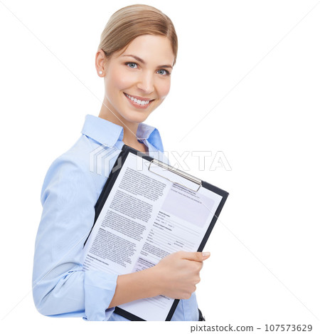 Business woman, portrait and clipboard on isolated white background for cv review, recruitment or mockup job interview. Smile, happy and human resources worker with paper documents for we are hiring 107573629