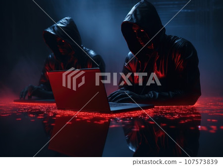 hacker in black hoodie working on laptop in the dark room. Dangerous Hooded Hacker Breaks into Government Data Servers and Infects Their System with a Virus. AI Generative. hacker in black hoodie working on laptop in the dark room. Dangerous Hooded Hacker Breaks into Government Data Servers and Infects Their System with a Virus. AI Generative. 107573839