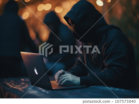 hacker in black hoodie working on laptop in the dark room. Dangerous Hooded Hacker Breaks into Government Data Servers and Infects Their System with a Virus. AI Generative. 107573840