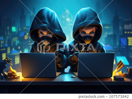 hacker in black hoodie working on laptop in the dark room. Dangerous Hooded Hacker Breaks into Government Data Servers and Infects Their System with a Virus. AI Generative. 107573842
