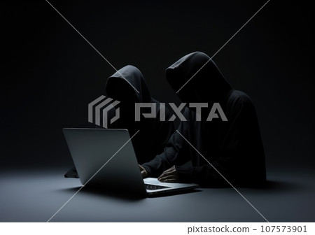 hacker in black hoodie working on laptop in the dark room. Dangerous Hooded Hacker Breaks into Government Data Servers and Infects Their System with a Virus. AI Generative. 107573901
