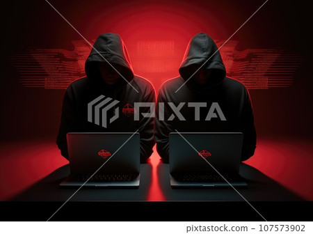 hacker in black hoodie working on laptop in the dark room. Dangerous Hooded Hacker Breaks into Government Data Servers and Infects Their System with a Virus. AI Generative. 107573902