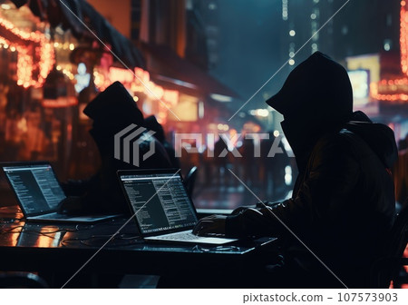 hacker in black hoodie working on laptop in the dark room. Dangerous Hooded Hacker Breaks into Government Data Servers and Infects Their System with a Virus. AI Generative. 107573903