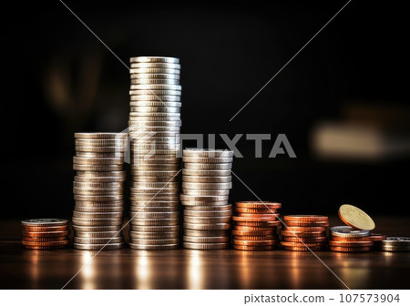 pile of silver coins stack and growing money graph on rows. Income, profits, finance, Investment, Interest and Saving money concept. AI Generative. pile of silver coins stack and growing money graph on rows. Income, profits, finance, Investment, Interest and Saving money concept. AI Generative. 107573904