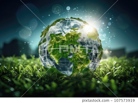 Crystal globe putting on moss, ESG icon for Environment Social and Governance, World sustainable environment concept. AI Generative. 107573919