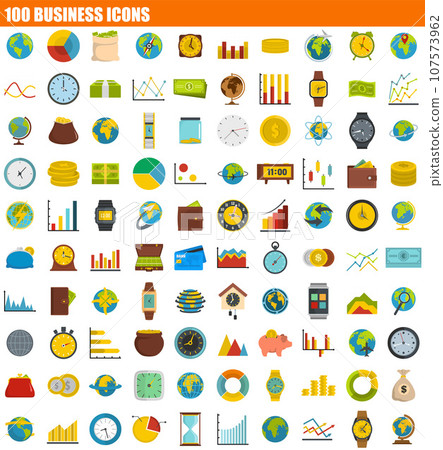 100 business icon set. Flat set of 100 business vector icons for web design 107573962