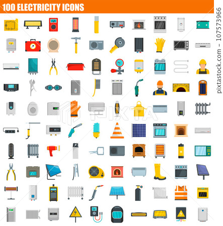 100 electricity icon set. Flat set of 100 electricity vector icons for web design 100 electricity icon set. Flat set of 100 electricity vector icons for web design 107573966