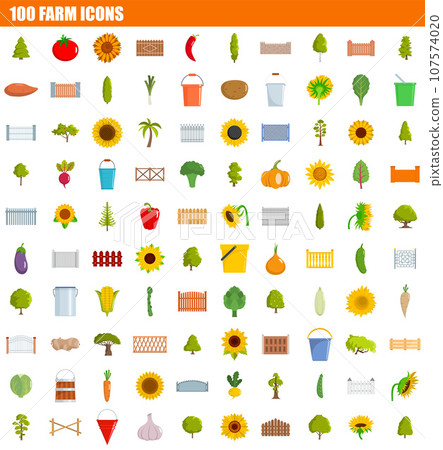 100 farm icon set. Flat set of 100 farm vector icons for web design 107574020