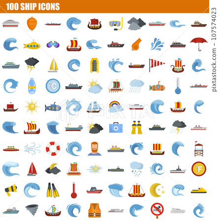 100 ship icon set. Flat set of 100 ship vector icons for web design 107574023