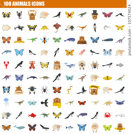 100 animals icon set. Flat set of 100 animals vector icons for web design 107574024