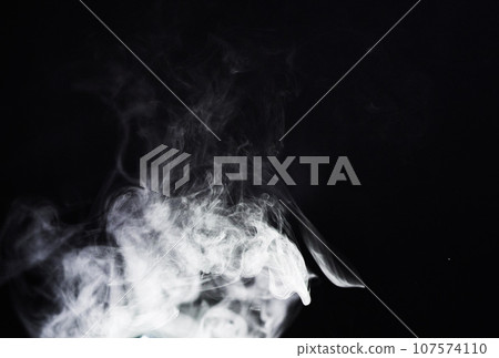 Smoke, dark background and mist, fog or gas on mockup space wallpaper. Cloud, smog and magic effect on black backdrop of steam with abstract texture, dry ice pattern or vapor of incense moving in air 107574110