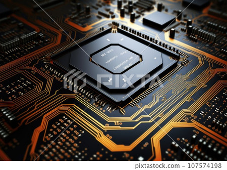 Advanced Technology Concept Visualization, Circuit Board CPU Processor Microchip Starting Artificial Intelligence Digitalization of Neural Networking and Cloud Computing. AI Generative. 107574198