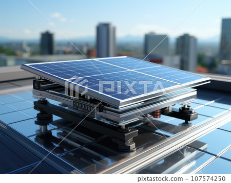 Modern solar panel on th roof with plants at morning, Solar panel on red roof reflecting sun and cloudless blue sky. Ai generative. 107574250