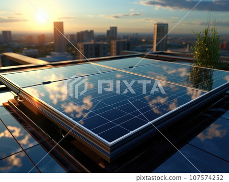 Modern solar panel on th roof with plants at morning, Solar panel on red roof reflecting sun and cloudless blue sky. Ai generative. 107574252