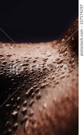 Skin, water drops and wet body of a person for dermatology, skincare and hygiene. Zoom on aesthetic model for art deco, human and sweat with droplets, creative and wellness on a black background 107574297