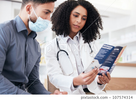 Doctor, clinic patient and healthcare brochure for virus, disease and pharmacy information, advice or support. Pharmacist woman and sick man in face mask for covid tips, compliance or safety document Doctor, clinic patient and healthcare brochure for virus, disease and pharmacy information, advice or support. Pharmacist woman and sick man in face mask for covid tips, compliance or safety document 107574314