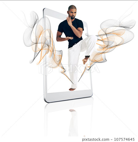 Tablet, karate and fitness app with a sports man on a screen in studio isolated on a white background. Technology, training for self defense and vaporwave with a male athlete in a digital display 107574645