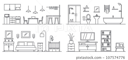 House interior banner set. Outline illustration of house interior vector banner set for web design 107574776
