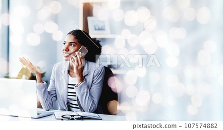 Bokeh, phone call and black woman in business office, communication and mobile conversation. Smartphone, chat and happy consultant listening to discussion, news and negotiation at table in company Bokeh, phone call and black woman in business office, communication and mobile conversation. Smartphone, chat and happy consultant listening to discussion, news and negotiation at table in company 107574882