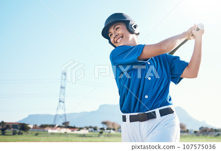 Baseball, bat and swing of a woman outdoor on a pitch for sports, performance and competition. Professional athlete or softball player with a smile, space and ready for game, training or exercise Baseball, bat and swing of a woman outdoor on a pitch for sports, performance and competition. Professional athlete or softball player with a smile, space and ready for game, training or exercise 107575036