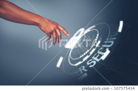 Hand, lock and hologram overlay for cyber security, web safety and click for coding, programming or stop virus. Developer, point and password from scam, phishing and malware with online software 107575434