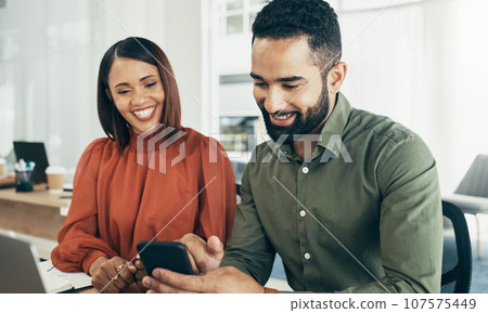 Business people, teamwork or man with woman, smartphone or digital app with connection, planning or brainstorming. Staff, manager or employee with cellphone, website info or cooperation with internet Business people, teamwork or man with woman, smartphone or digital app with connection, planning or brainstorming. Staff, manager or employee with cellphone, website info or cooperation with internet 107575449