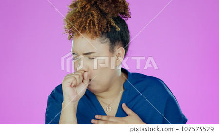 Woman, cough with chest pain and sick in studio, health crisis and tuberculosis on pink background. Healthcare, heart burn and virus with bacteria, infection and lungs, fail with wellness and flu 107575529