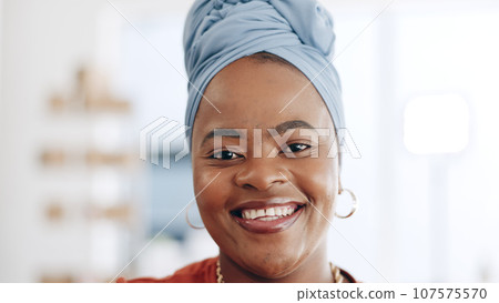 Happy, smile and face of business woman in office standing with confidence and leadership. Happiness, excited and portrait of professional African female employee with positive mindset in workplace. Happy, smile and face of business woman in office standing with confidence and leadership. Happiness, excited and portrait of professional African female employee with positive mindset in workplace. 107575570