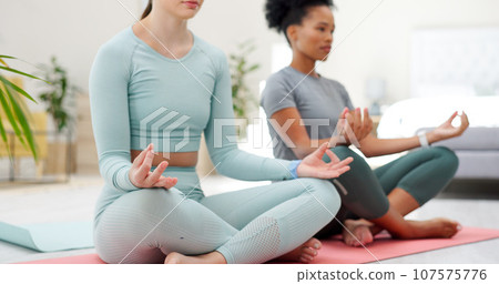 Women friends, yoga and meditation on floor with namaste, peace or zen fitness in home living room. Girl team, personal trainer and exercise with health, workout or wellness in lounge for mindfulness Women friends, yoga and meditation on floor with namaste, peace or zen fitness in home living room. Girl team, personal trainer and exercise with health, workout or wellness in lounge for mindfulness 107575776