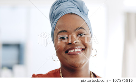 Happy, smile and face of business woman in office standing with confidence and leadership. Happiness, excited and portrait of professional African female employee with positive mindset in workplace. 107575816
