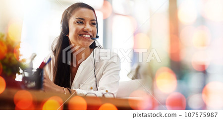Happy woman, call center and customer service in telemarketing or support on bokeh background at office. Friendly female person, consultant or agent smile in online advice, help or virtual assistance Happy woman, call center and customer service in telemarketing or support on bokeh background at office. Friendly female person, consultant or agent smile in online advice, help or virtual assistance 107575987