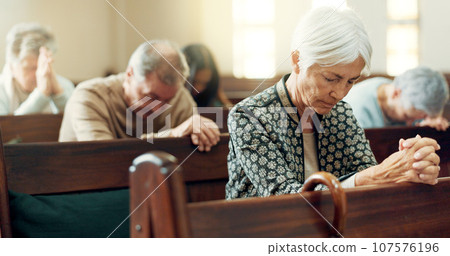 Gospel, prayer or old woman in church for God, holy spirit or catholic religion in cathedral or Christian community. Faith worship, bow or elderly person in chapel or sanctuary to praise Jesus Christ Gospel, prayer or old woman in church for God, holy spirit or catholic religion in cathedral or Christian community. Faith worship, bow or elderly person in chapel or sanctuary to praise Jesus Christ 107576196